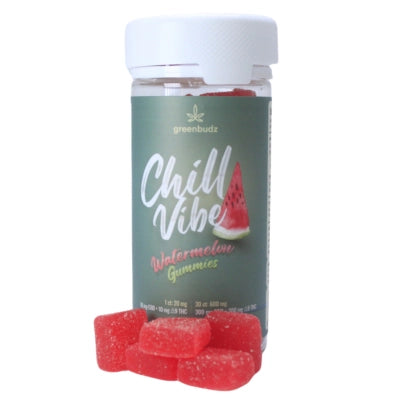 Gomas Chill Vibe GreenBudz - 10mg CBD + 10mg THC - Pote com 30 Gomas - Sabor Melancia